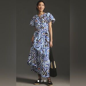 Anthropologie Somerset Maxi Dress L Hawaiian Blue mosaic print new/worn once